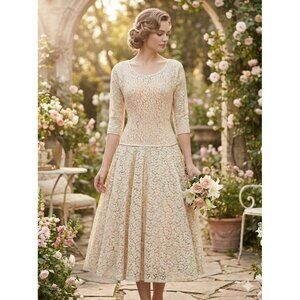 Vintage 50s Ivory Guipure Lace Drop Waist Wedding Dress Gown Small Bridal 1950s